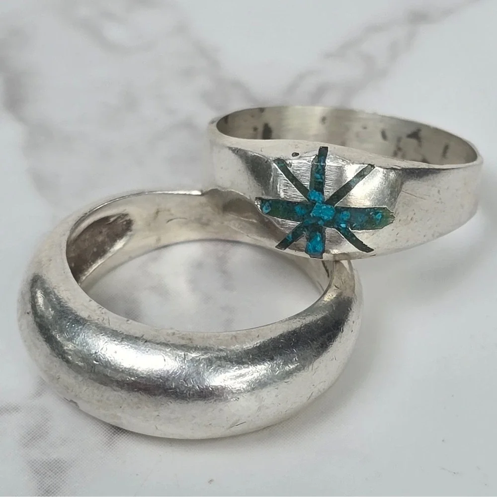 Sterling Silver Turquoise Inlay Starburst Ring And Domed Band Size 5.5 & 5